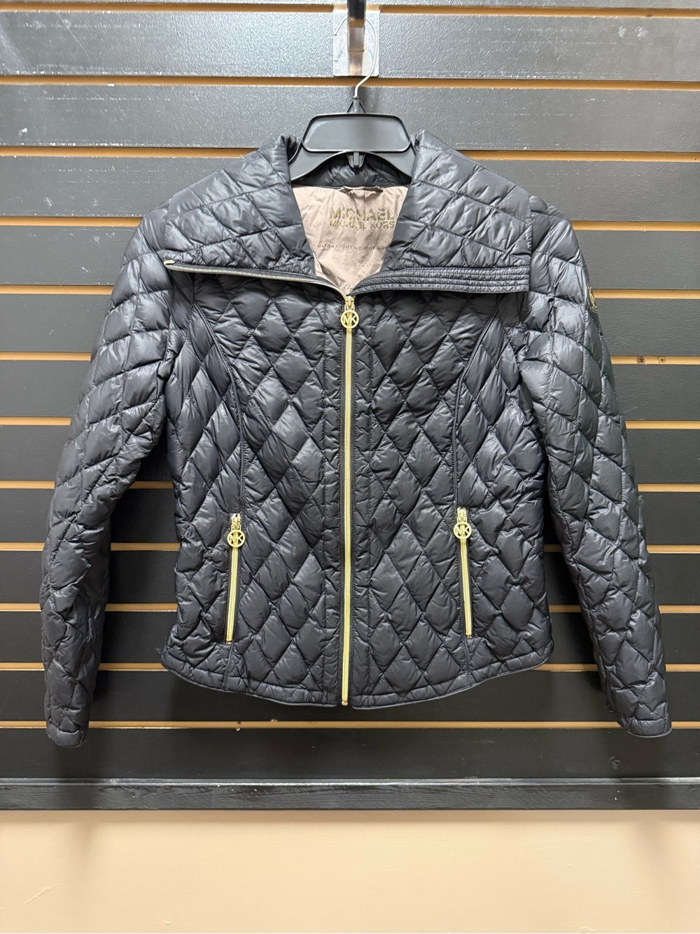 Michael Kors Ultra Lightweight Down Fill Quilted Jacket Black Gold Hardware Sz M